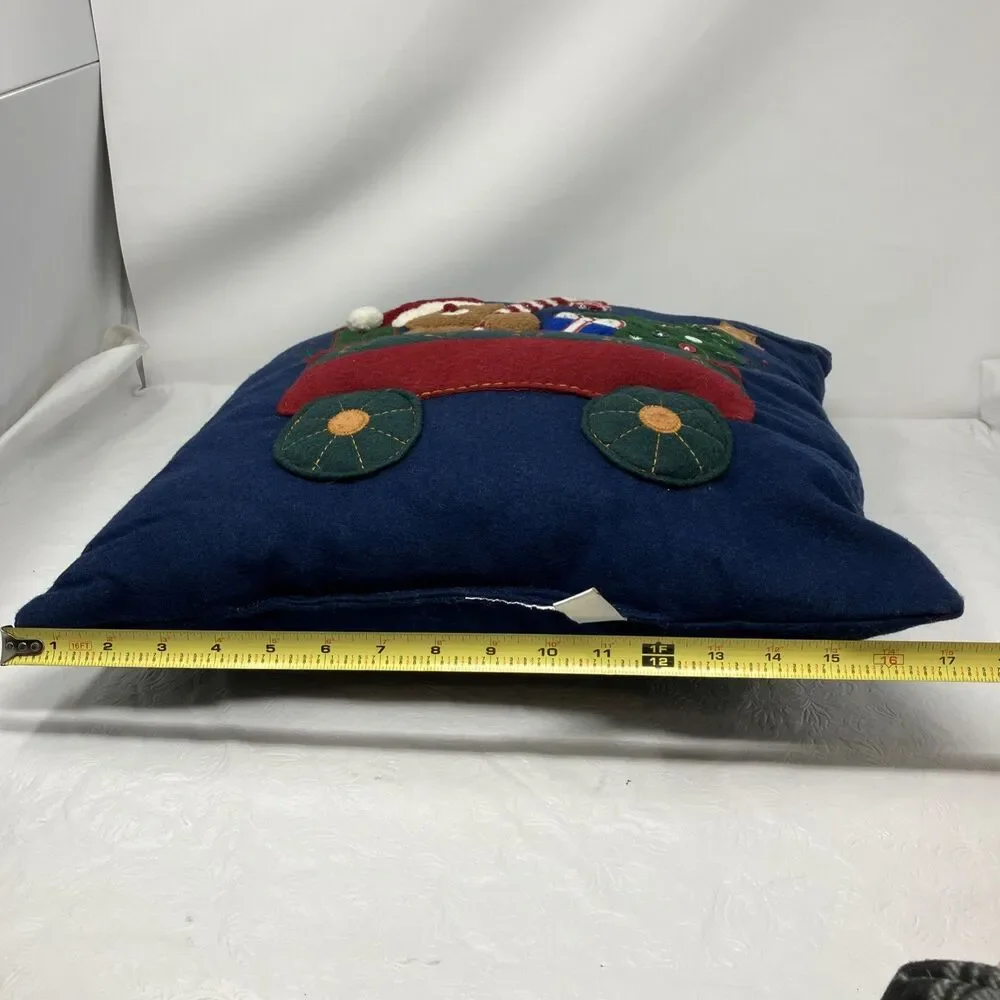 Christmas Throw Pillow 3D Felt Appliqué Teddy Bear Candy Cane Tree ~17x17”
